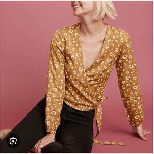 Marine Layer Carmen Wrap Top Women Large Yellow Camel Animal Print Crop Bohemian